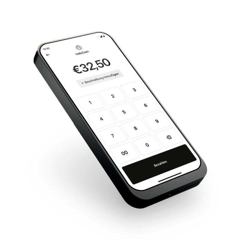 Mollie Tap Terminal – 3D-Seitenansicht Smartphone mit helloCash Bezahl-App, €32,50 Betrag und Nummernblock