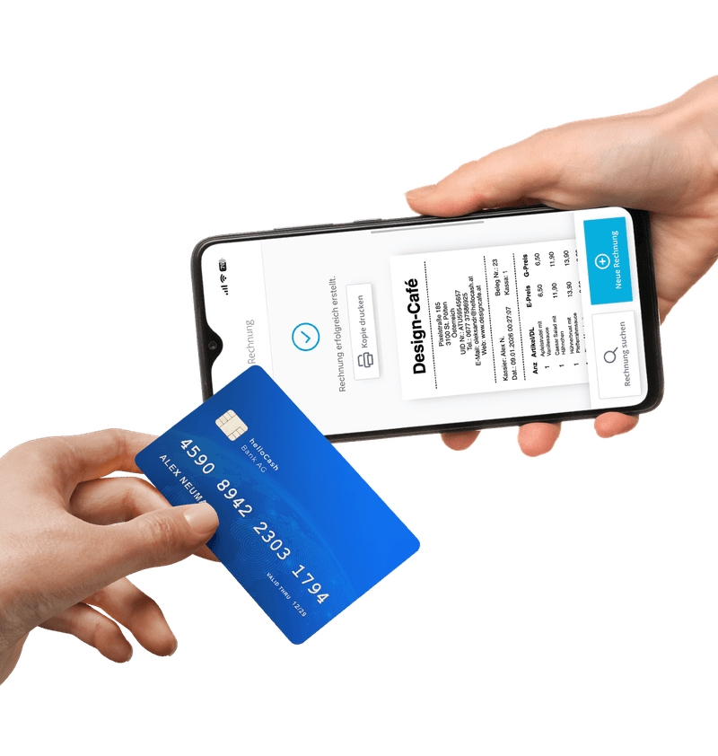 Tap to Pay – Karte wird über Smartphone mit Rechnung gehalten, Pose 1