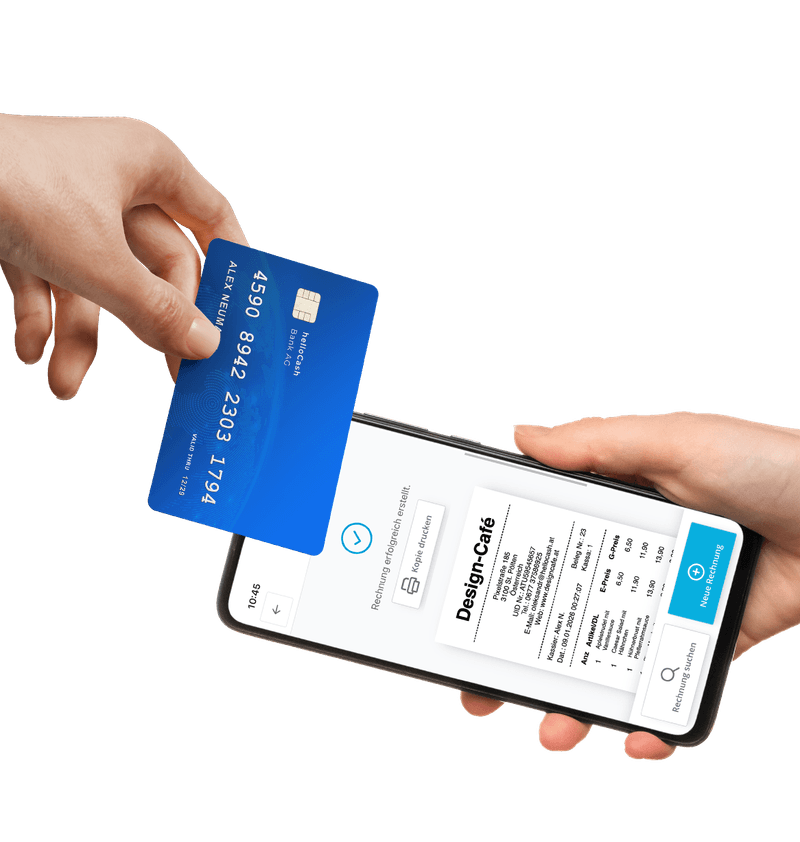 Tap to Pay – Karte wird über Smartphone mit Rechnung gehalten, Pose 2